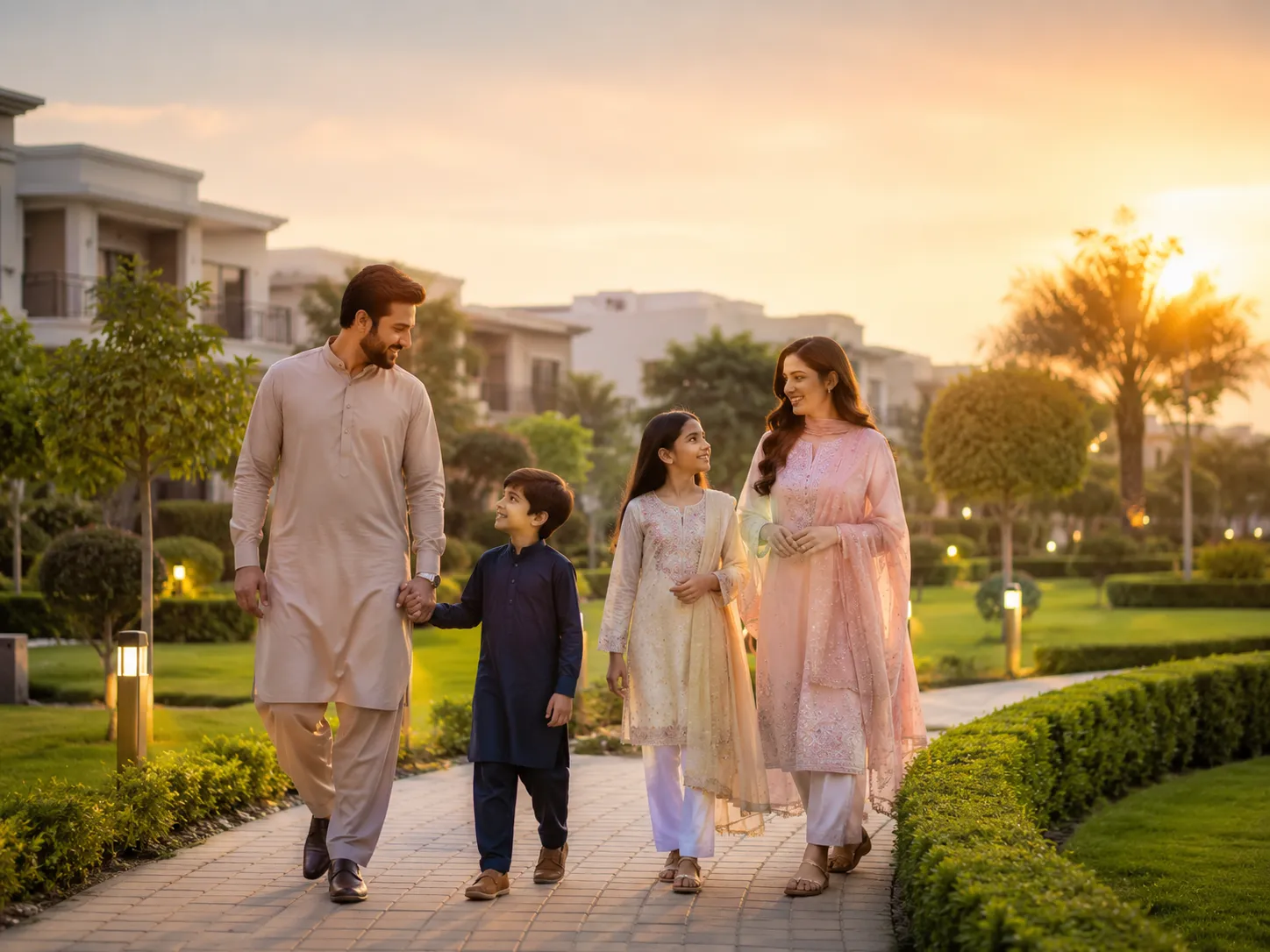 Modern luxury residential community at golden hour, Lahore View City