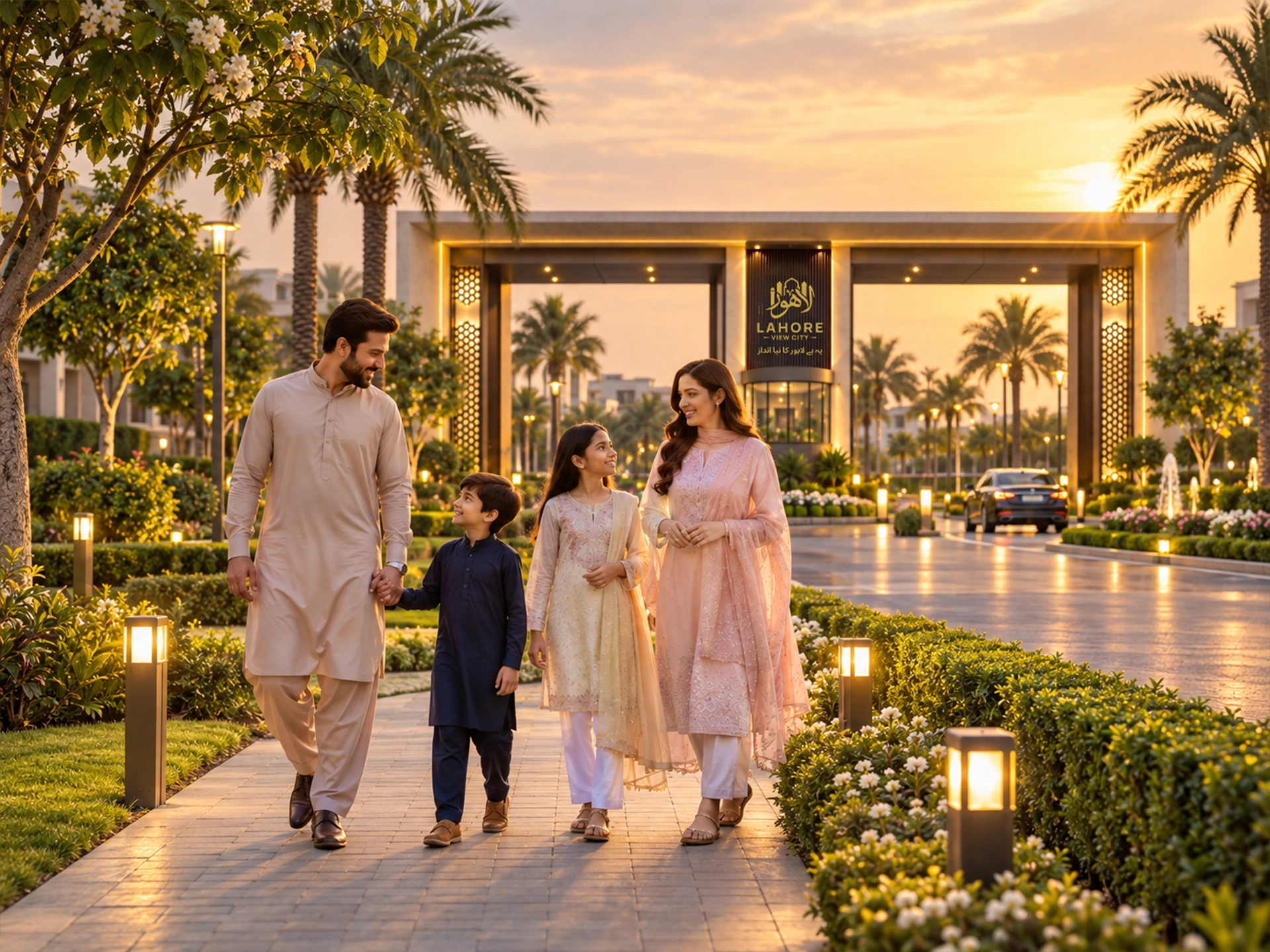 Modern luxury residential community at golden hour, Lahore View City